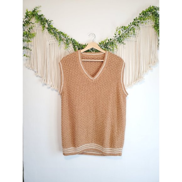 Neutral Camel Oversized Sleeveless V Neck Relaxed Knit Sweater Vest - Picture 2 of 5